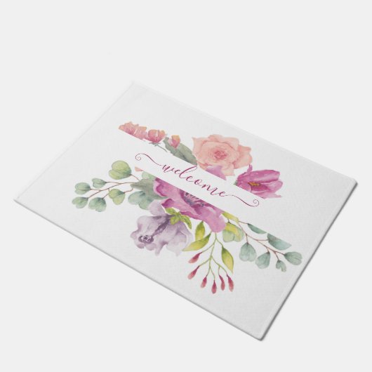 Rosa und pfirsiche Aquarellblumen personalisiert Fußmatte (Schrägansicht)