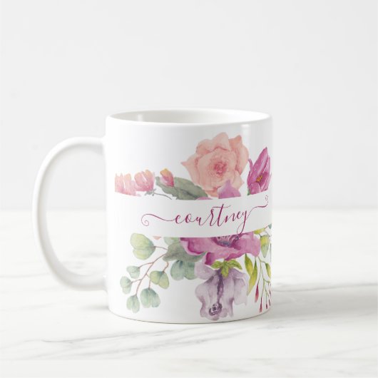 Rosa und pfirsiche Aquarellblumen personalisiert Kaffeetasse (Links)