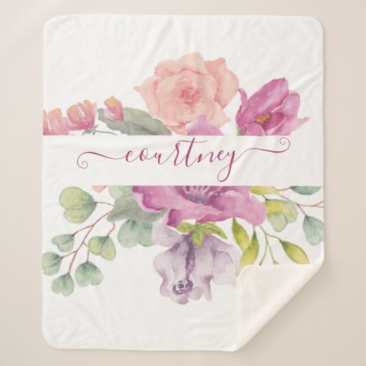 Rosa und pfirsiche Aquarellblumen personalisiert Sherpadecke (Vorderseite)