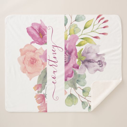 Rosa und pfirsiche Aquarellblumen personalisiert Sherpadecke (Vorderseite (Horizontal))
