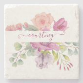 Rosa und pfirsiche Aquarellblumen personalisiert Steinuntersetzer (Vorderseite)
