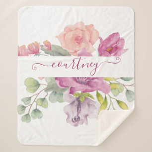 Rosa und pfirsichfarbene aquarellisierte Blumen pe Sherpadecke