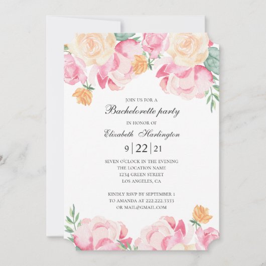 Rosa und pfirsichfarbene Blume. Junggeselinnen-Abs Einladung (Vorderseite)