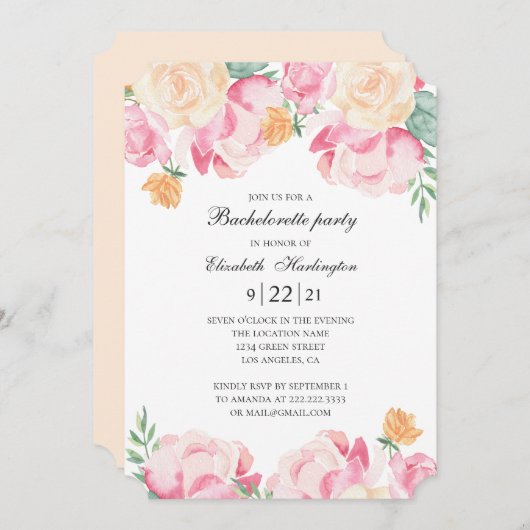 Rosa und pfirsichfarbene Blume. Junggeselinnen-Abs Einladung (Vorne/Hinten)