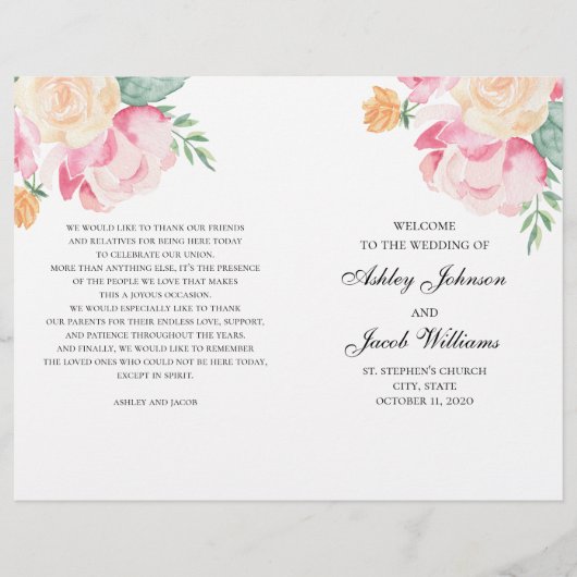 Rosa und pfirsichfarbene Blumen Hochzeitsprogramm (Vorderseite)
