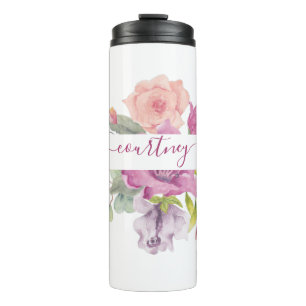 Rosa und pfirsichfarbene floral personalisierte Wa Thermosbecher
