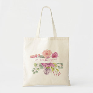 Rosa und pfirsichfarbene Wasserfarbe florale perso Tragetasche