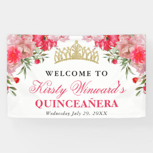Rosa und rosafarbene Blumen Quinceanera Banner