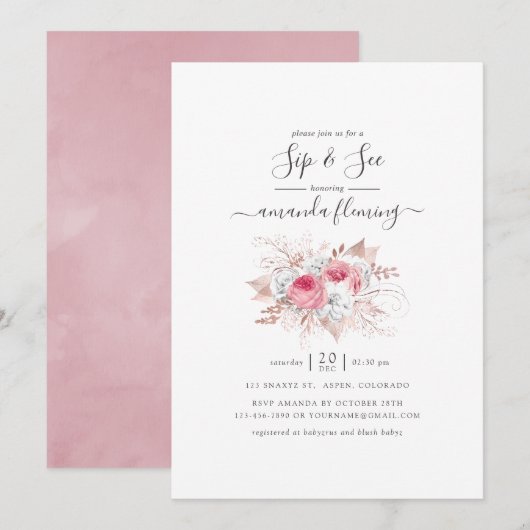 Rosa und Rose Gold Blumensippe und Siehe Einladung (Vorne/Hinten)