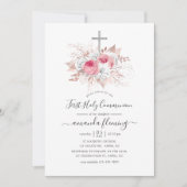 Rosa und Rose Gold Blumenstrauß Erstkommunion Einladung (Vorderseite)