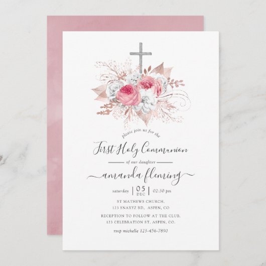 Rosa und Rose Gold Blumenstrauß Erstkommunion Einladung (Vorne/Hinten)