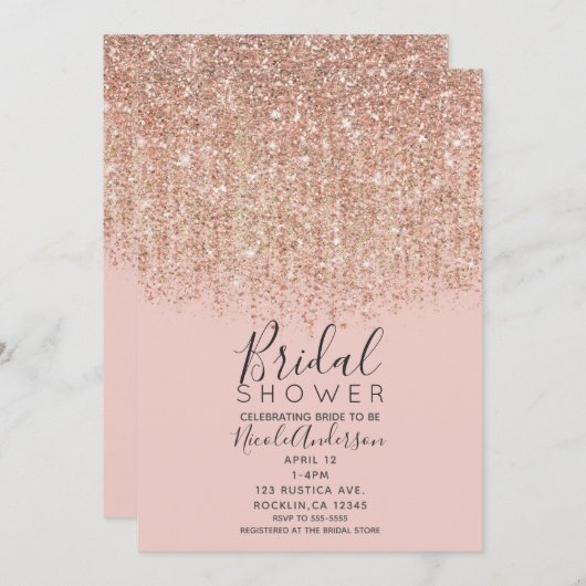 Rosa und Rose Gold Glitzer Brautparty Einladung (Vorne/Hinten)
