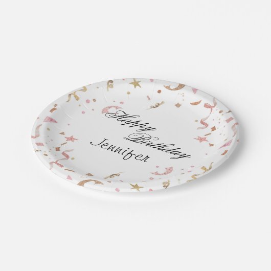 Rosa und Rose Gold Glitzer Confetti Pappteller (Schrägansicht)