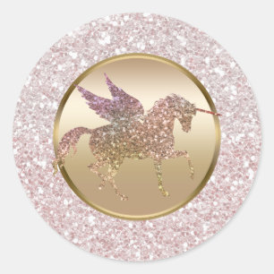 Rosa und Rose Gold Glitzer Fliegend Einhorn Gefall Runder Aufkleber