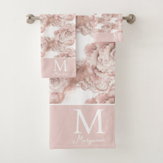 Rosa und Rose Gold Glitzer Rose Monogramm erste Badhandtuch Set