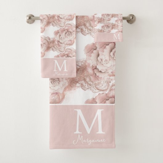 Rosa und Rose Gold Glitzer Rose Monogramm erste Badhandtuch Set (Insitu)