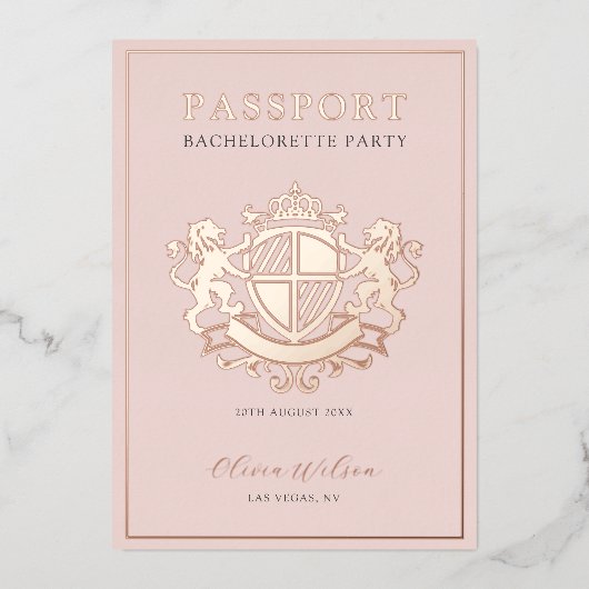 Rosa und Rose Gold Passport Junggeselinnen-Abschie Folieneinladung (Vorderseite)