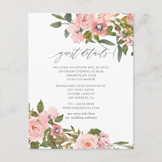 Rosa und Rose Gold Rose Hochzeiten Gastdetails Begleitkarte (Vorderseite)