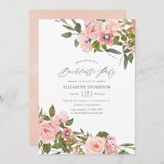 Rosa und Rose Gold Rose Junggeselinnen-Abschied Einladung (Vorne/Hinten)