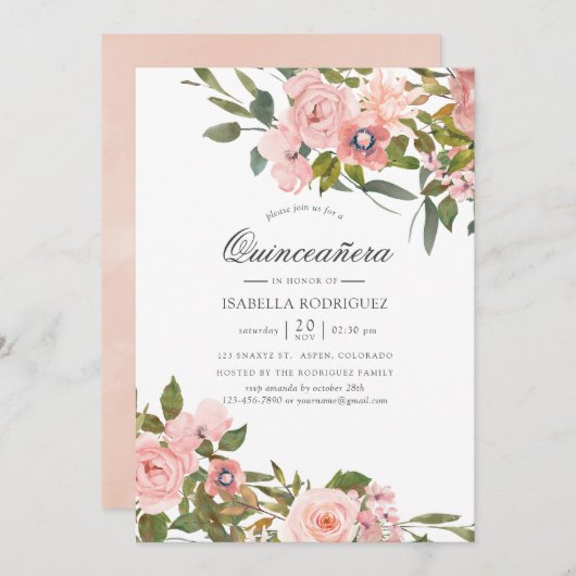 Rosa und Rose Gold Rose Quinceñera Einladung (Vorne/Hinten)