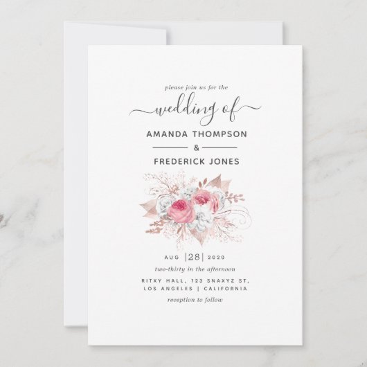 Rosa und Rose Goldblumenhochzeit Einladung (Vorderseite)