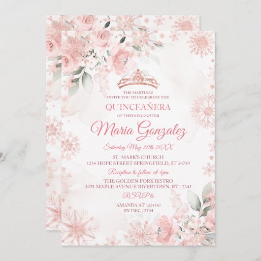 Rosa und Rose Goldene Flora Wintermärchen Einladung (Vorne/Hinten)