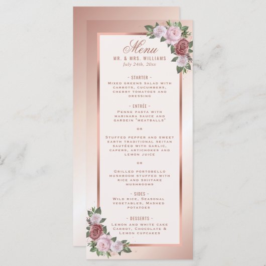 Rosa und Rose Goldflorale Hochzeitsmenü Menükarte (Vorne/Hinten)