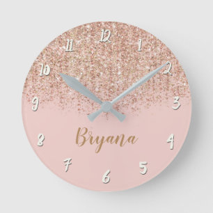 Rosa und Roségold Glitter Glam Mädchenhaft Chic Runde Wanduhr