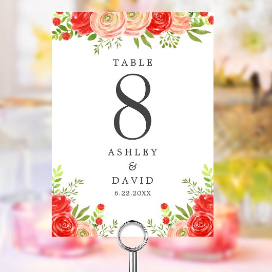 Rosa und Rot-Blumen Elegante Hochzeit Tischnummer
