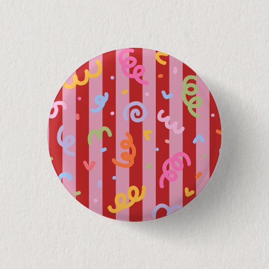 Rosa und rot gestreift, mit Konfettidesign Button (Vorderseite)
