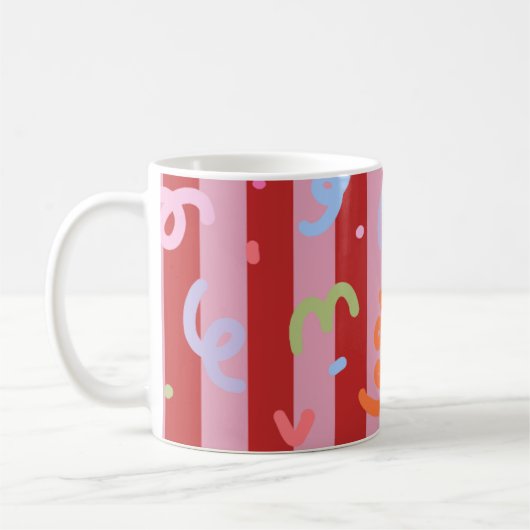 Rosa und rot gestreift, mit Konfettidesign Kaffeetasse (Links)
