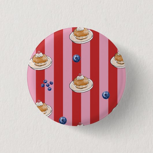 Rosa und rot gestreifte Karte mit Kuchenmuster Button (Vorderseite)