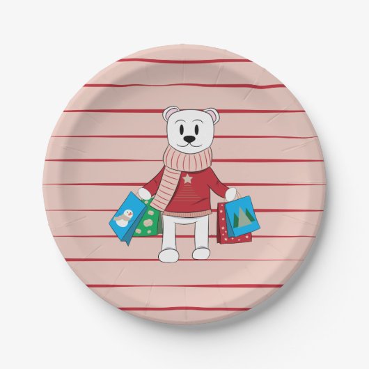 Rosa und rot gestreifte Teller mit Eisbär (Vorderseite)