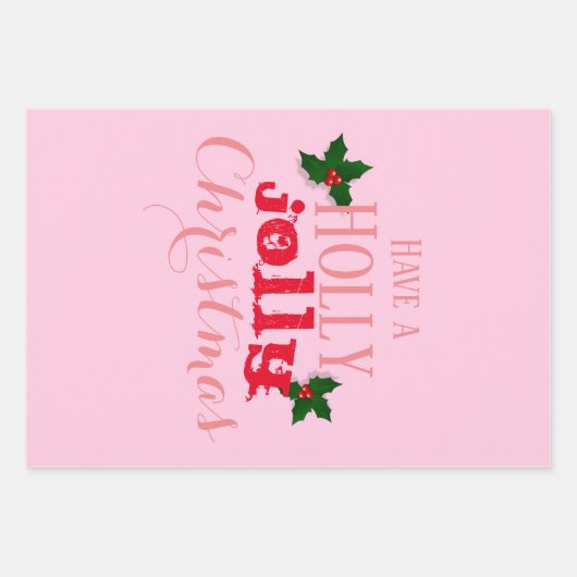Rosa und Rot Holly Jolly Weihnachten Geschenkpapier Set (Vorderseite)