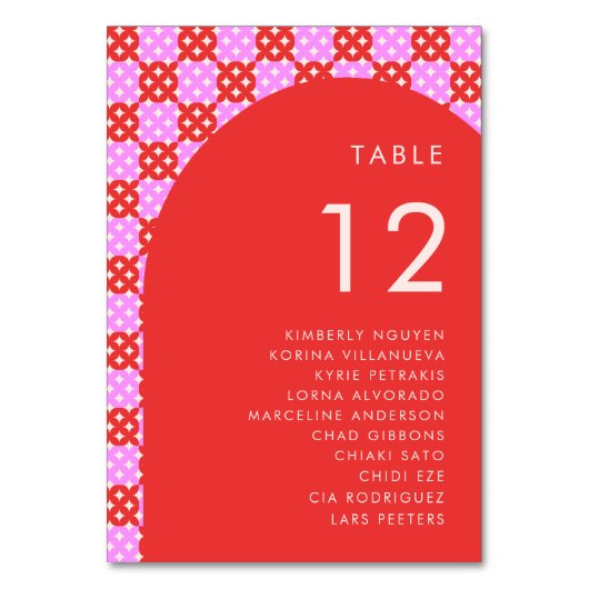 Rosa und Rot Mitte Jahrhundert Seating Chart Namen Tischnummer (Rückseite)