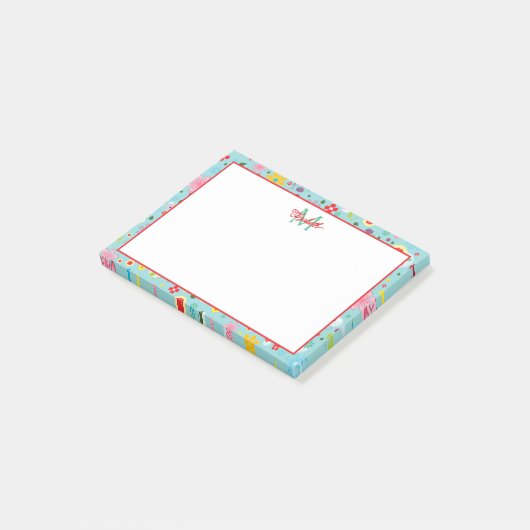 Rosa und rote Blume auf Aquamarinem Monogramm Post-it Klebezettel (angewinkelt)