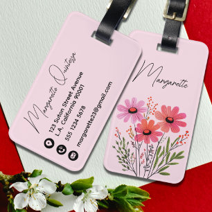 Rosa und rote Blumen im Wasserfarben-Look mit girl Gepäckanhänger