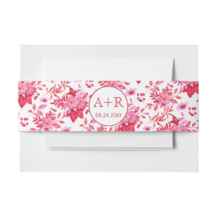 Rosa und rote Blumenmuster Initialen Hochzeit Einladungsbanderole