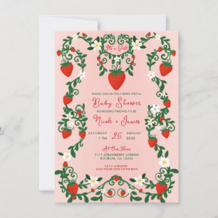 Rosa und rote Blumenranken Erdbeeren Baby Shower Einladung