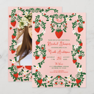 Rosa und rote Blumenranken Erdbeeren Brautdusche Einladung