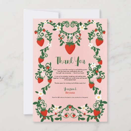Rosa und Rote Blüten Erdbeere Niedlich Vielen Dank Einladung (Vorderseite)