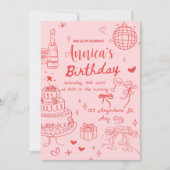 Rosa und Rote Feminine Geburtstagsparty Einladung (Vorderseite)