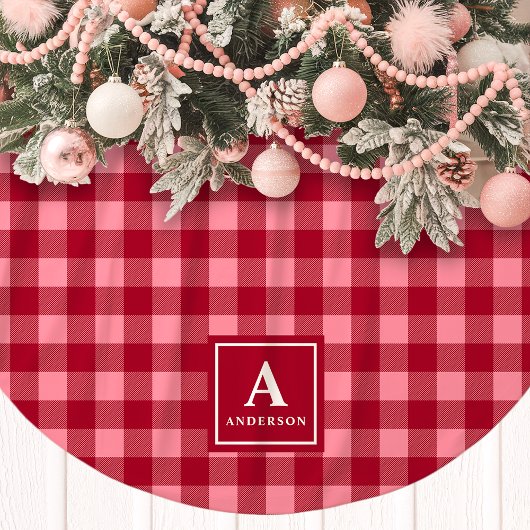 Rosa und Rote Gingham-Karierte Monogramm Polyester Weihnachtsbaumdecke