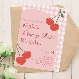 Rosa und Rote Girl's Cherry Erster Geburtstag Einladung