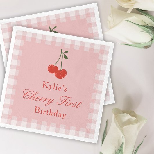 Rosa und Rote Girl's Cherry Erster Geburtstag Serviette