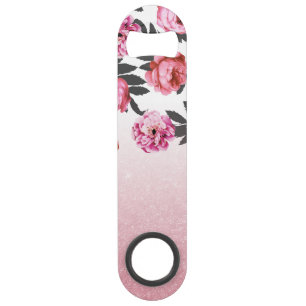 Rosa und Rote Girly Rose Blume und Glitzer Ombre Speed Flaschenöffner