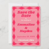 Rosa und Rote Groovy Wavy Border Wedding Save The Date (Vorderseite)