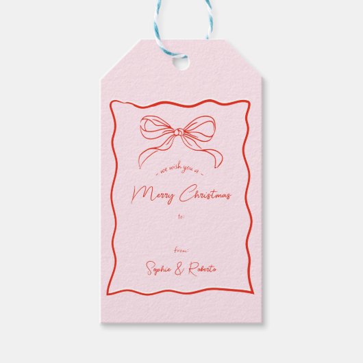 Rosa und rote Hand gezeichnet Retro Bow Französisc Geschenkanhänger (Vorderseite)