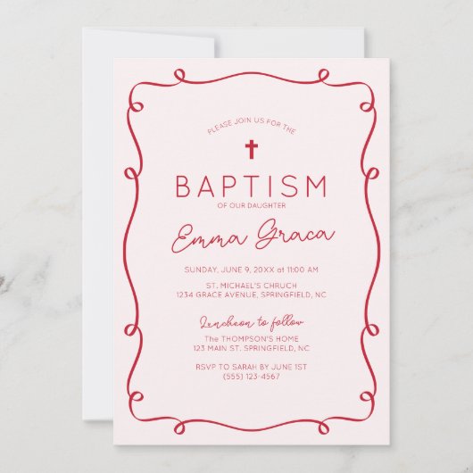 Rosa und Rote Hand Taufe Einladung (Vorderseite)