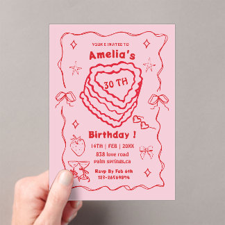 Rosa und Rote Herz Torte Geburtstag jedes Alter Acryleinladungen